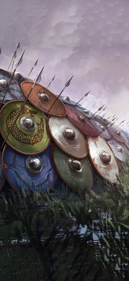 vikings, shield wall, art, spear