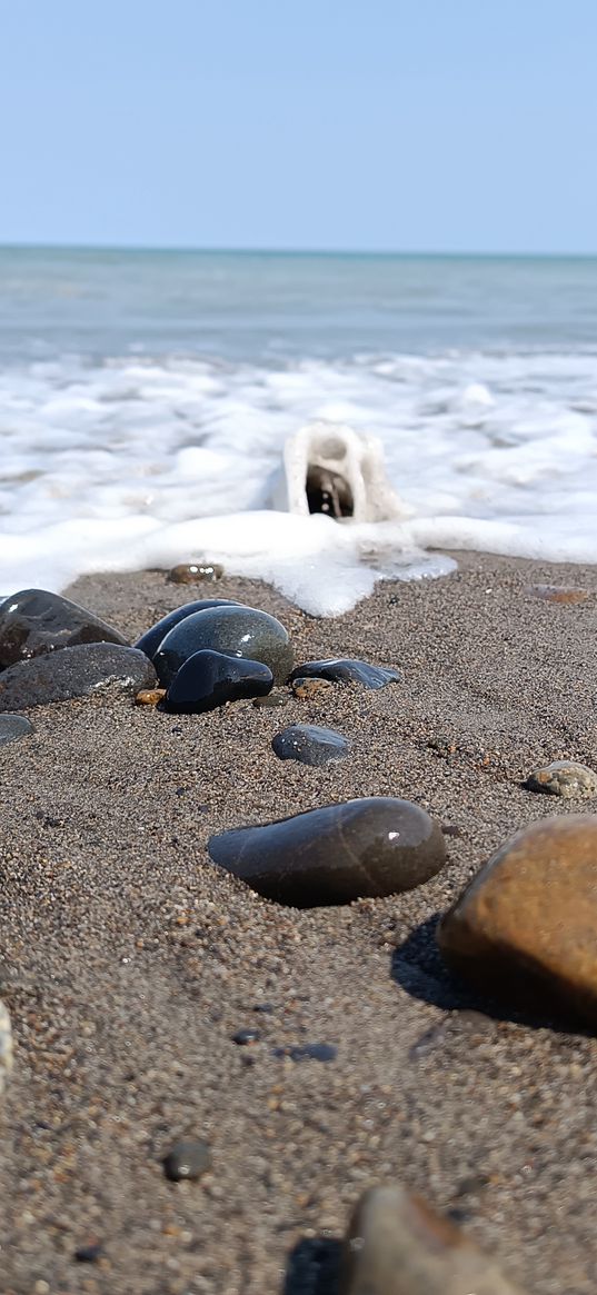 pebbles, stones, sand, beach, sea, waves, foam, horizon, sky, nature