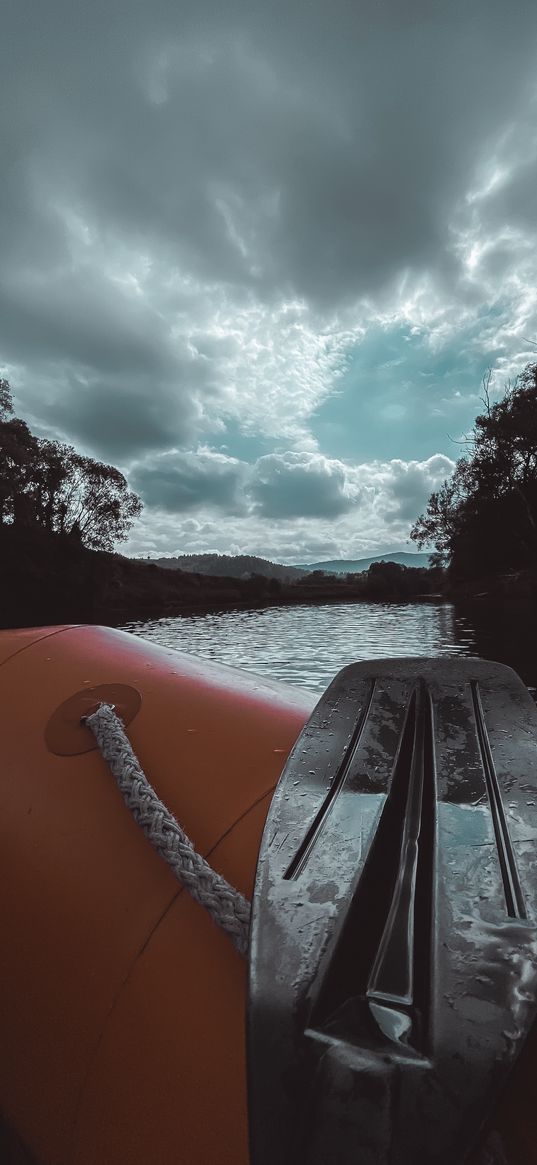 boat, paddle, river, trees, clouds, sky, nature