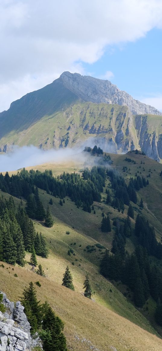 mountains, trees, slopes, clouds, landscape