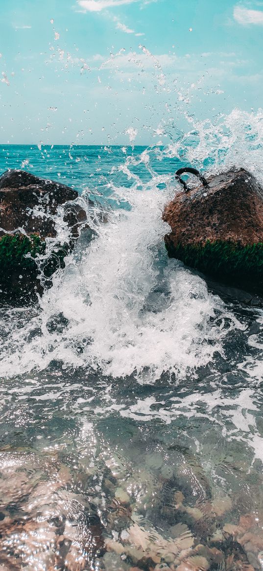 rocks, sea, waves, shore, spray, horizon, blue sky, nature