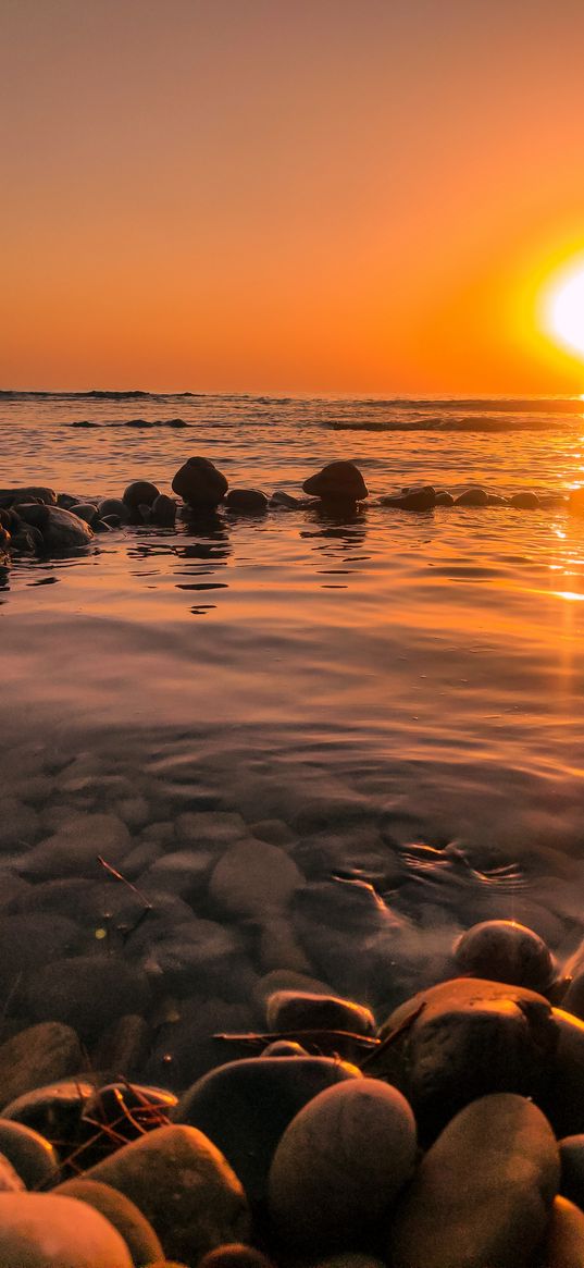 pebbles, stones, shore, sea, waves, sun, sunset, evening, nature