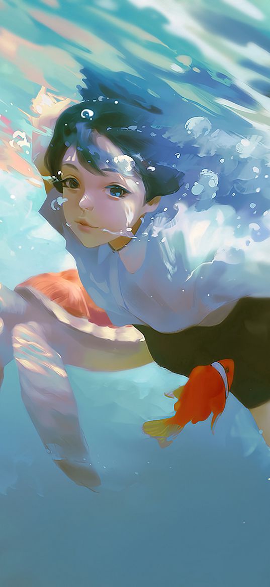 girl, turtle, fish, underwater, bubbles, sea, anime, art