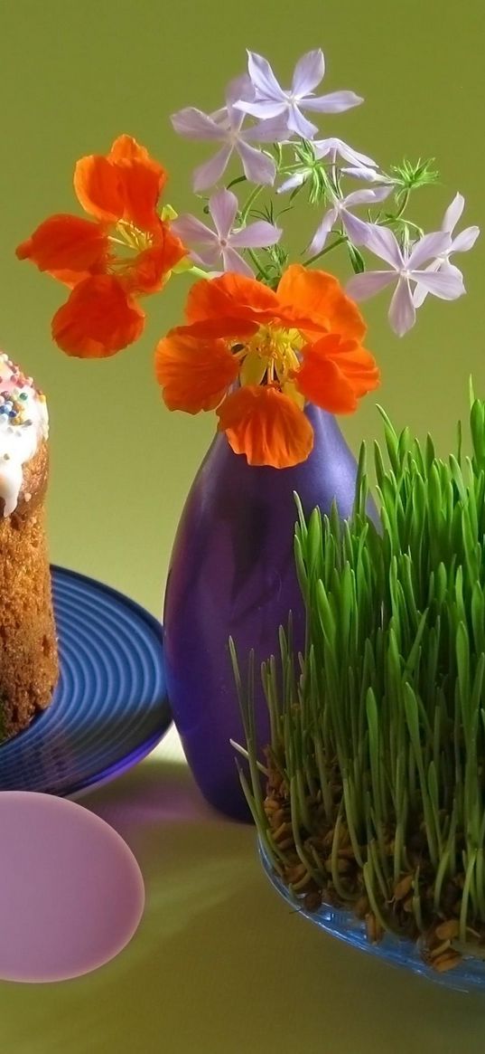 pascha, eggs, holiday, flower, vase, cake, plate, germs