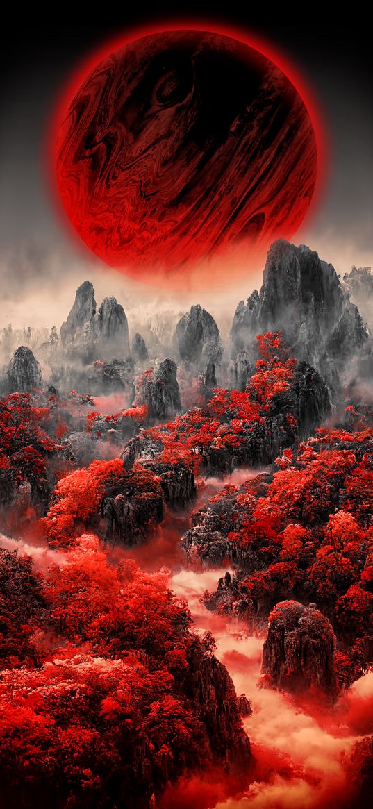 planet, rocks, fog, red, art, landscape, fantasy