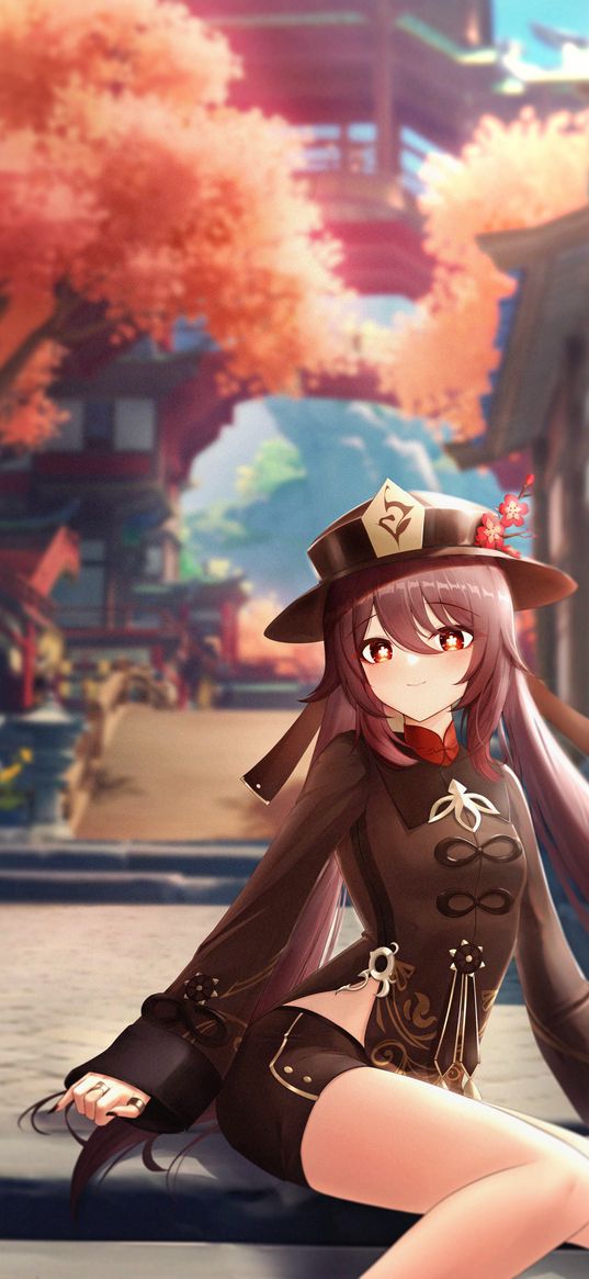 hu tao, genshin impact, girl, hat, anime, game, art