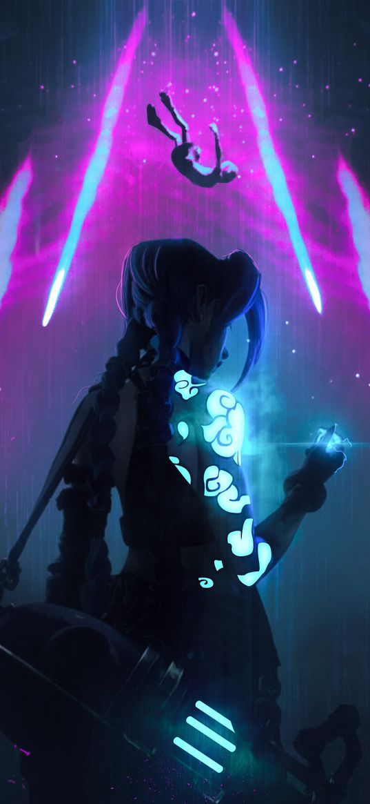 jinx, league of legends, arcane, anime, girl, game, art, tattoo, night