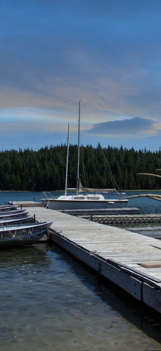 pier, boats, mast, river, trees