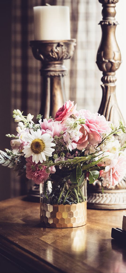 flowers, bouquet, vase, candlestick, aesthetics