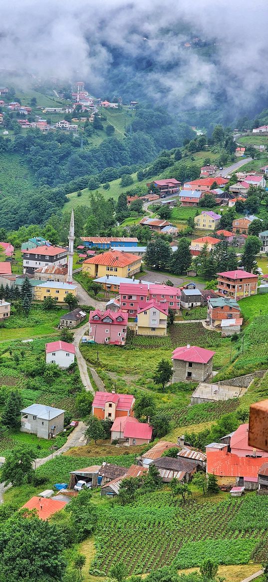 houses, village, fields, trees, hills, clouds, landscape, city