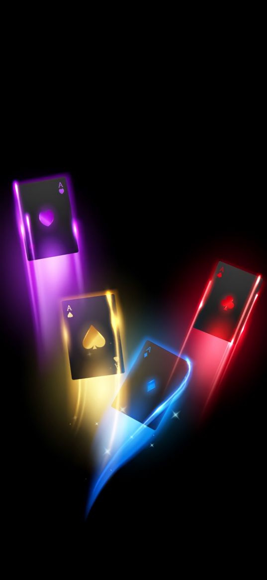 aces, cards, suits, multicolored, glow, magic, black background, art