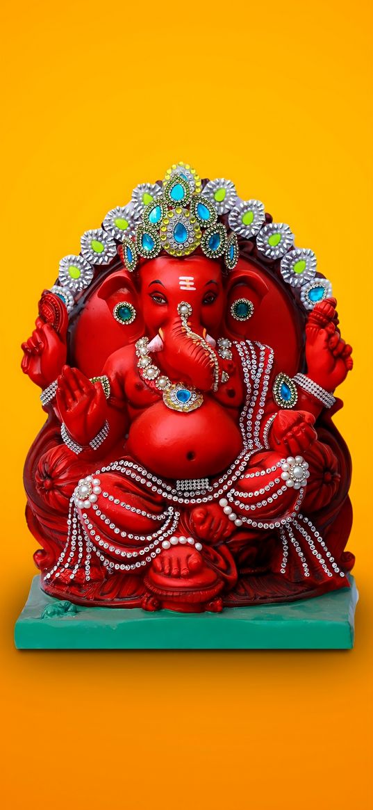 ganesha, god, elephant, red, yellow background, india