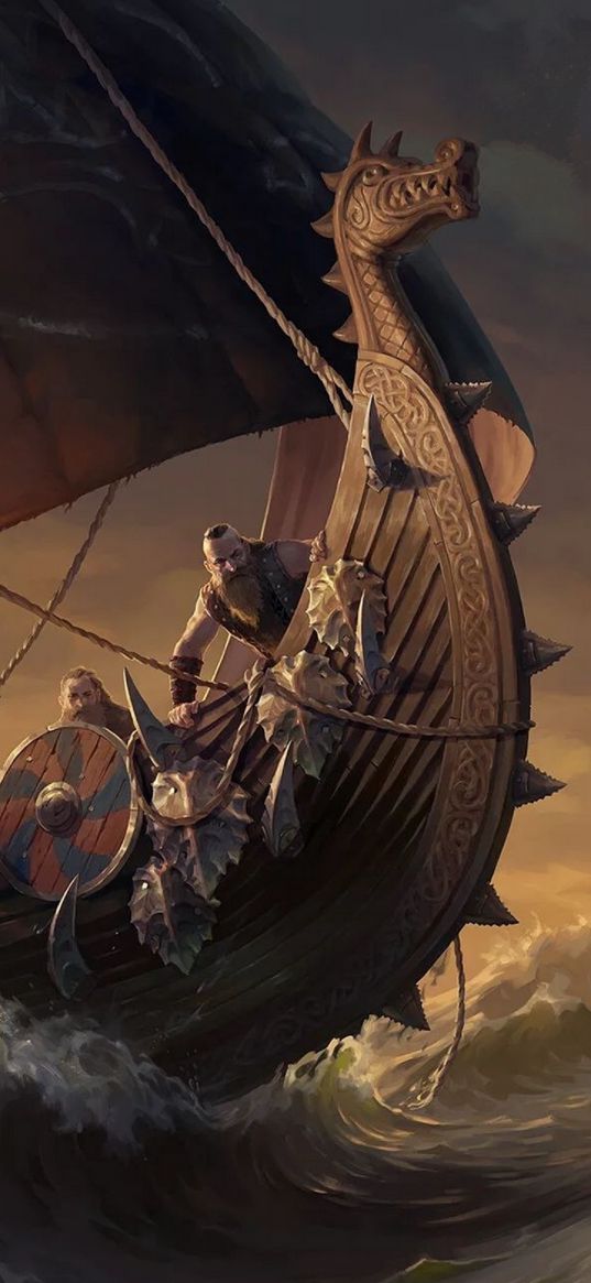 vikings, drakkar, boat, sail, sea, waves, art