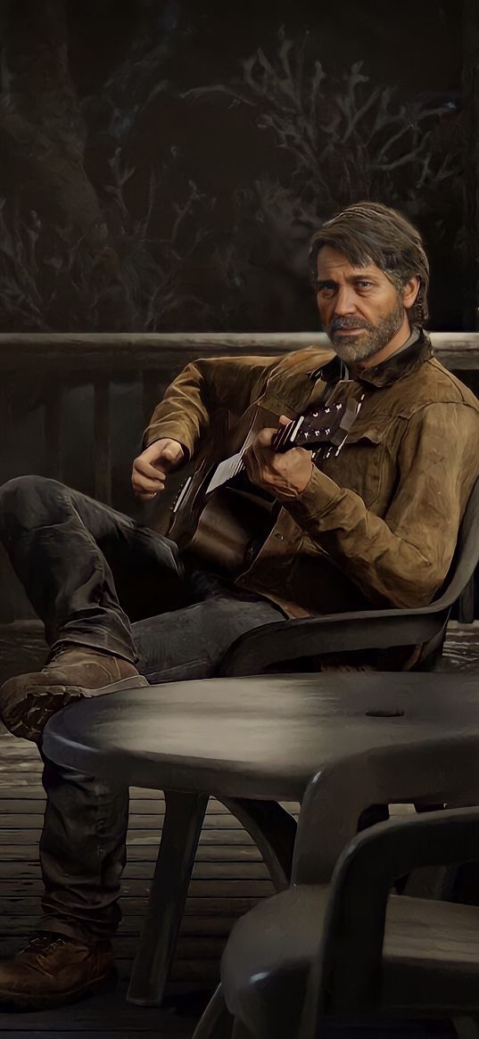 joel miller, the last of us, game, man, guitar, veranda, house, night, art