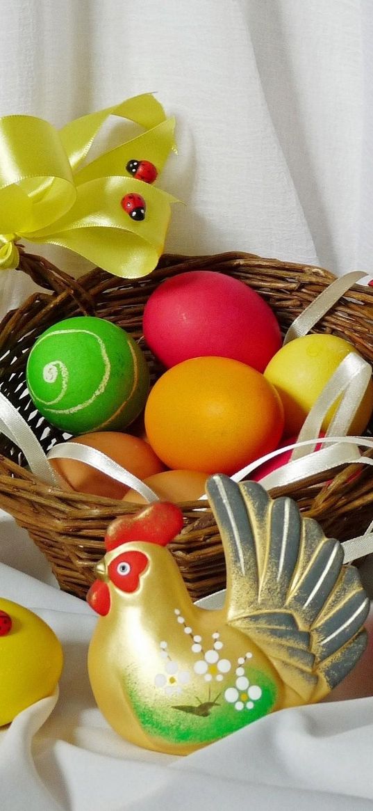 pascha, eggs, holiday, bows, chicken, rooster, basket, ladybugs