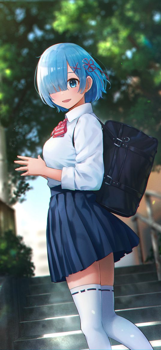 rem, re zero, anime, schoolgirl, girl, blue hair, school uniform, stairs, street, art