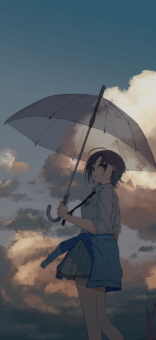 asakura toru, idolmaster, anime, girl, art, umbrella, clouds