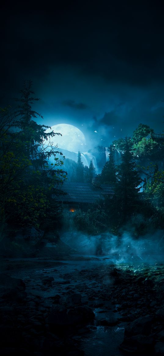 moon, trees, night, waterfall, dark