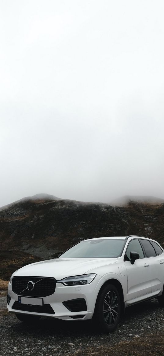 volvo xc60, volvo, crossover, car, white, mountains, fog