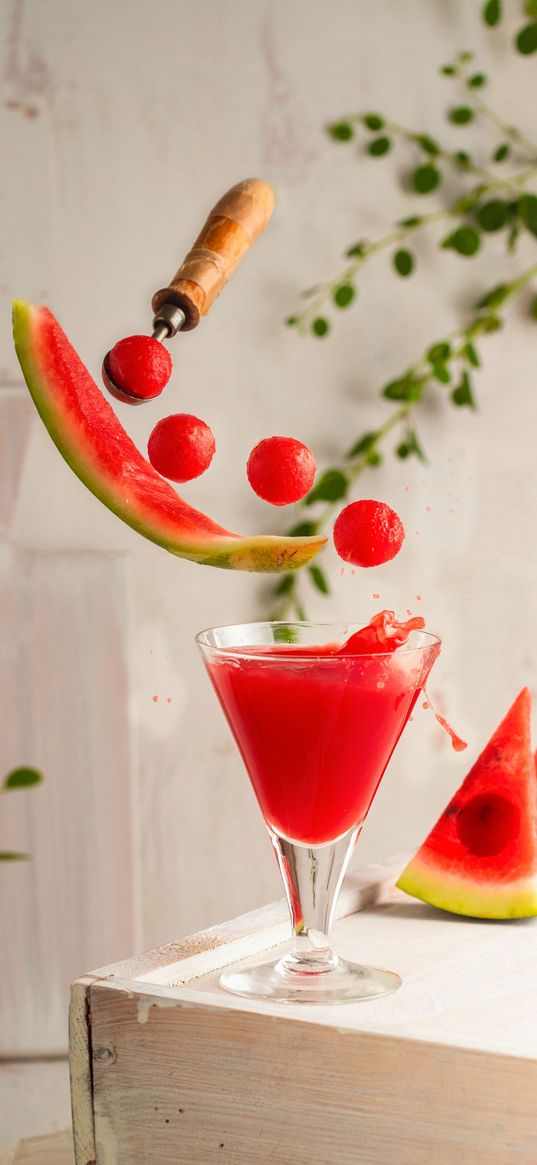 cocktail, watermelon, slices, spoon, balls, fruit, food