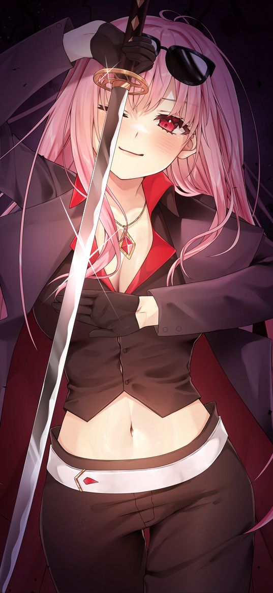 mori calliope, hololive, anime, girl, pink hair, katana, glasses, beautiful, cute, art