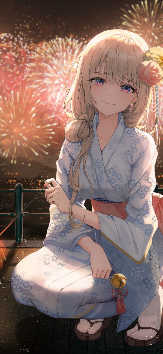 girl, kimono, beautiful, cute, fireworks, sparkler, holiday, anime, art