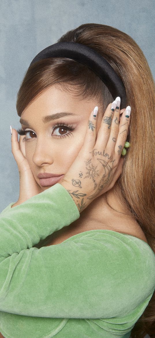 ariana grande, actress, singer, girl, beautiful, headband, manicure, tattoo