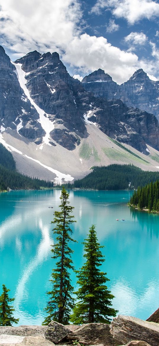 lake, turquoise, christmas trees, trees, forest, mountains, clouds, sky, landscape, nature