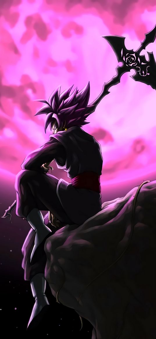 goku black, dragon ball, anime, guy, warrior, scythe, rock, moon, pink, art