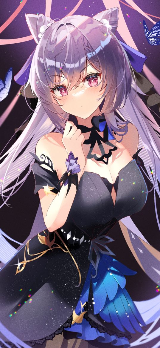 keqing, genshin impact, game, anime, girl, dress, butterflies, beautiful, cute, purple, art