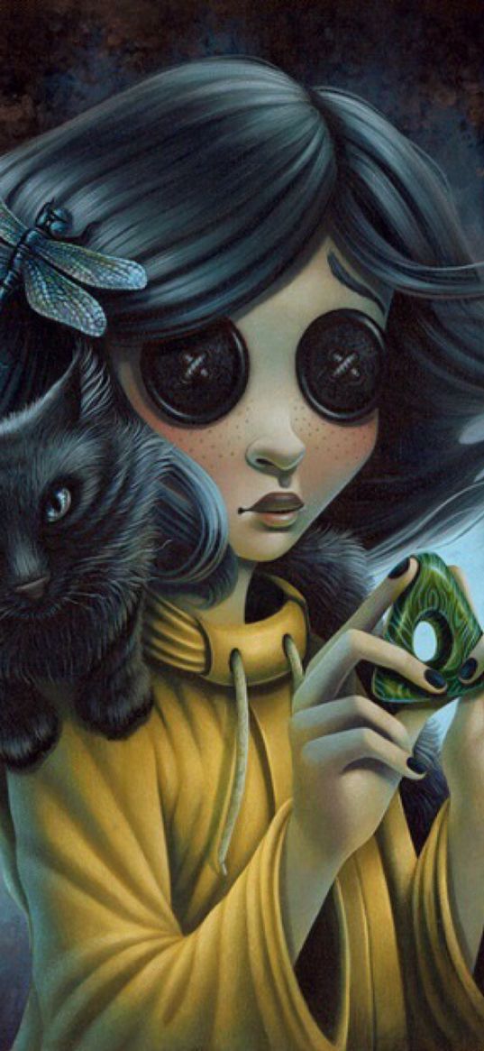 coraline, cartoon, girl, buttons, cat, art