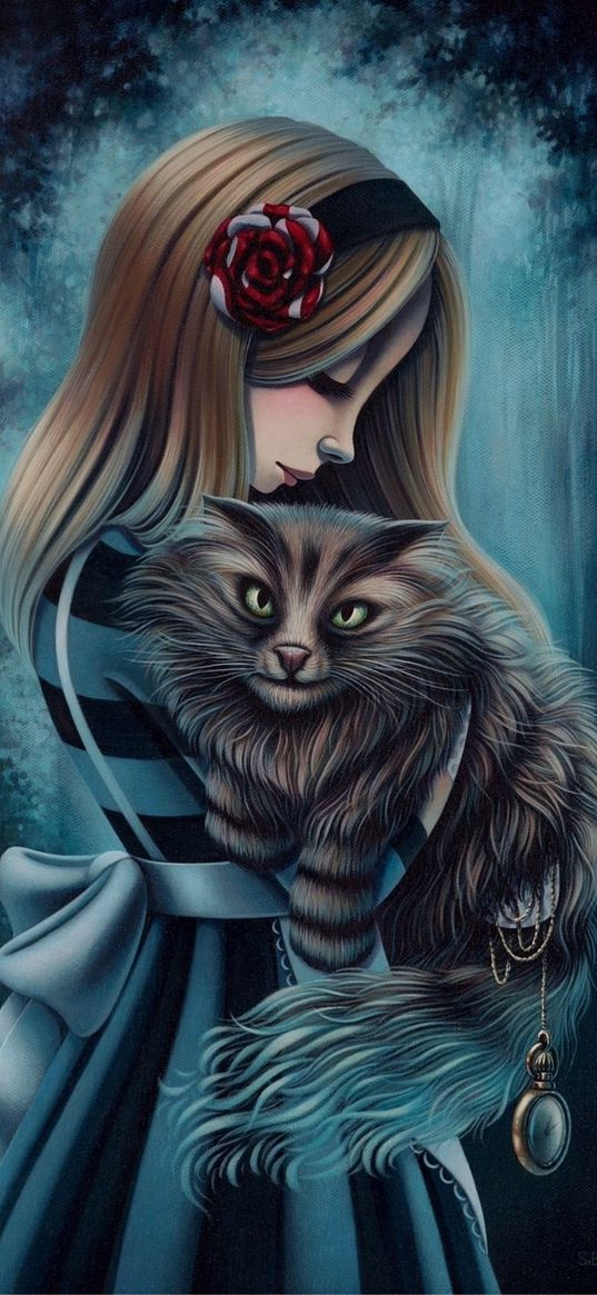 alice, alice in wonderland, girl, cheshire cat, forest, clock, art