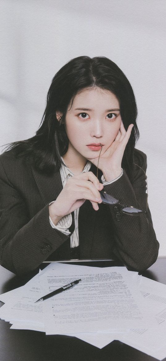 iu, lee ji eun, singer, k-pop, girl, asian, beautiful, business suit, glasses, papers, office