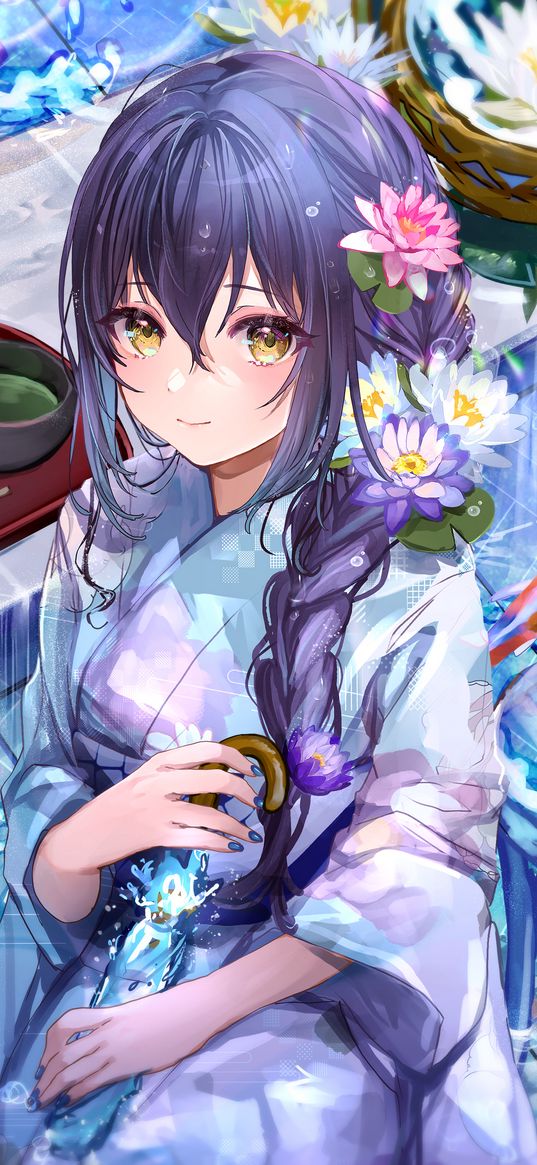 girl, beautiful, cute, kimono, umbrella, water lilies, flowers, water, fish, anime, art