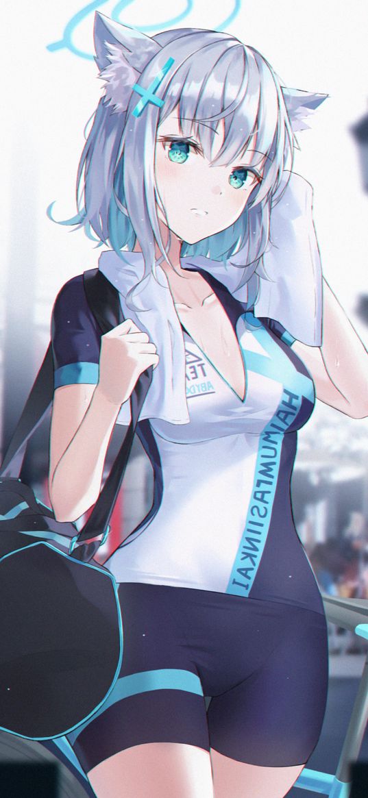 shiroko, blue archive, game, anime, neko, girl, tracksuit, bag, workout, art