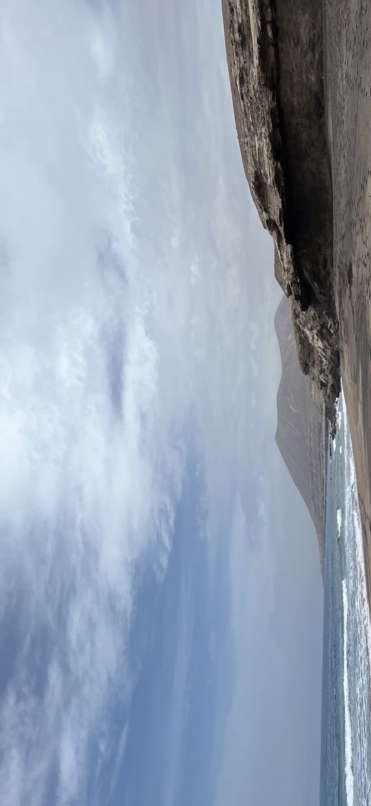 board, surfing, sand, beach, sea, waves, mountains, blue sky, clouds, nature