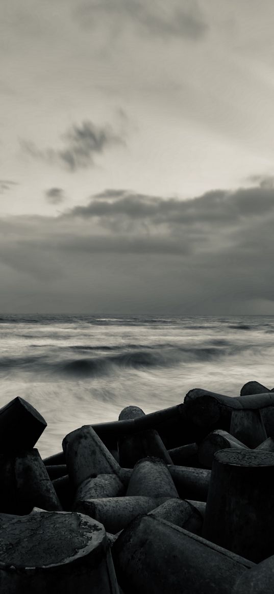 sea, waves, hurricane, concrete, clouds, cloudy, nature