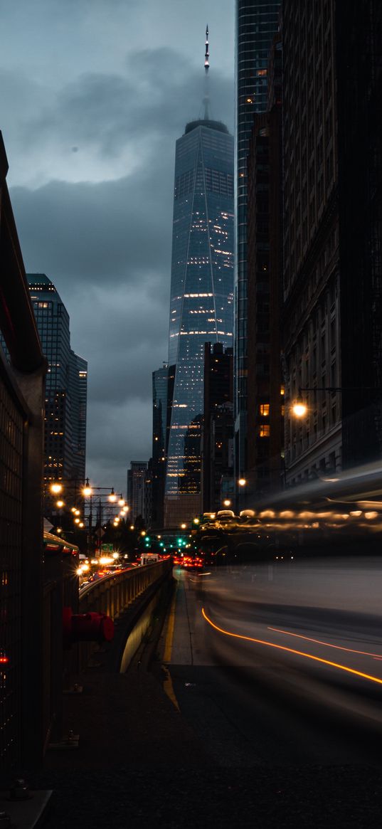 city, cars, light, long exposure, traffic light, lantern, skyscrapers, buildings