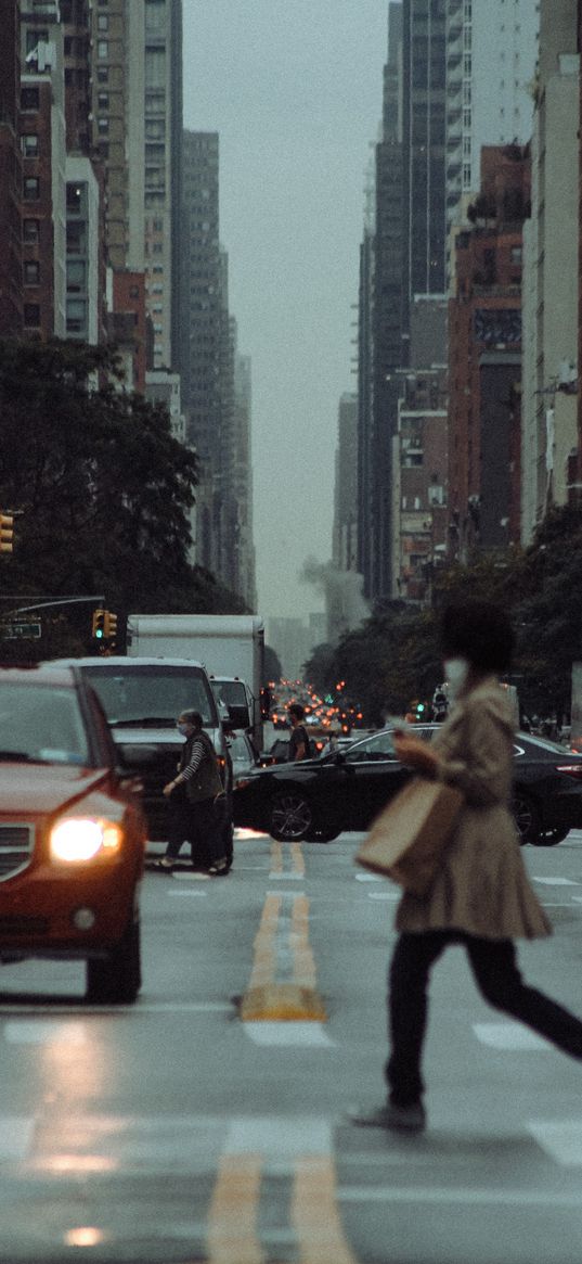 city, people, cars, traffic lights, sky, rain