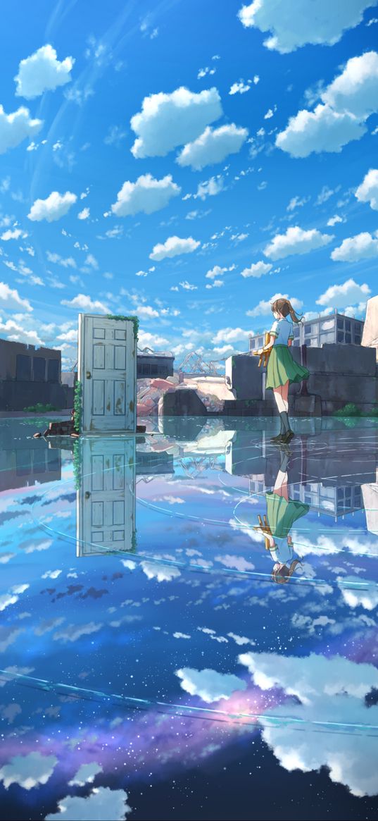 girl, anime, art, water, door, sky