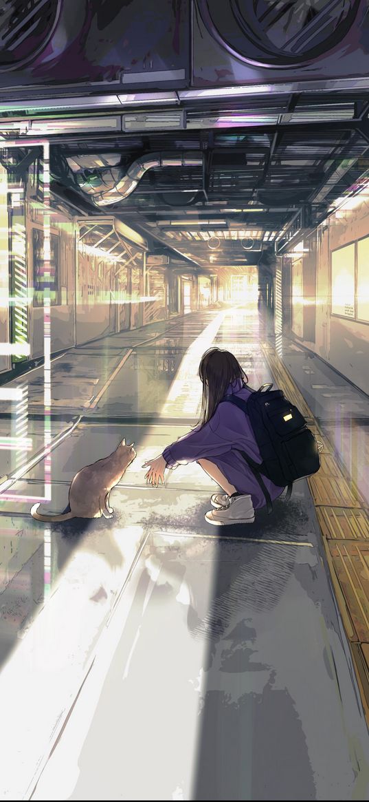 girl, anime, art, subway, station, cat