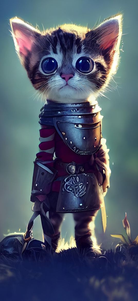 kitten, knight, armor, cute, art