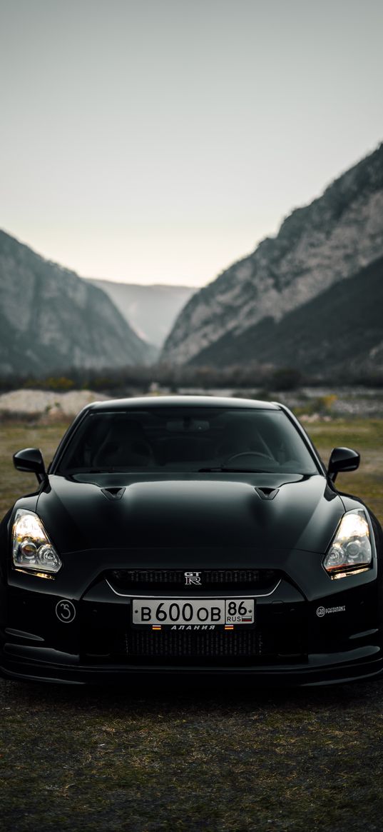 nissan gtr, nissan, sports car, black, mountains, nature