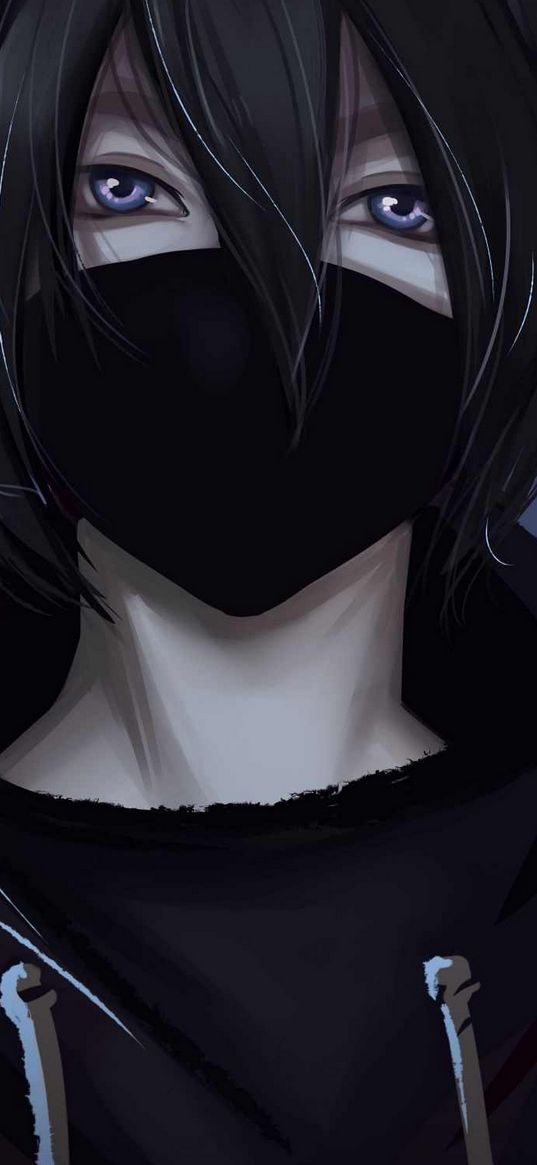 guy, mask, blue eyes, hoodie, sad, dark, anime, art