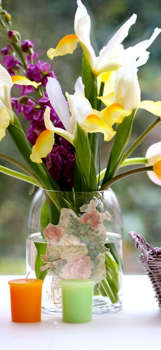 tulips, roses, irises, flowers, bouquets, vase, basket, candle