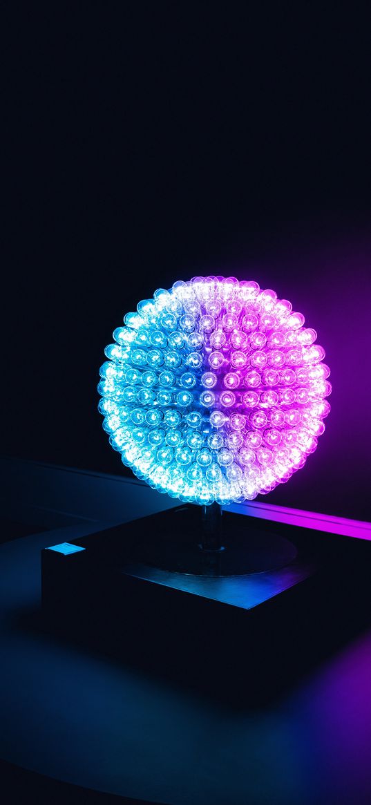 ball, sphere, light bulbs, neon, glow, blue, pink