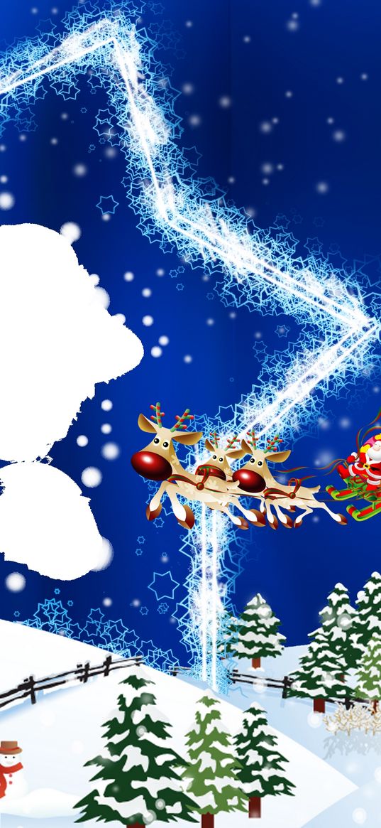 new year, christmas, card, star, reindeer, santa claus, flying, colorfully