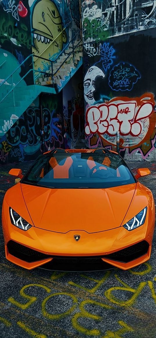 lamborghini huracan, lamborghini, car, orange, graffiti