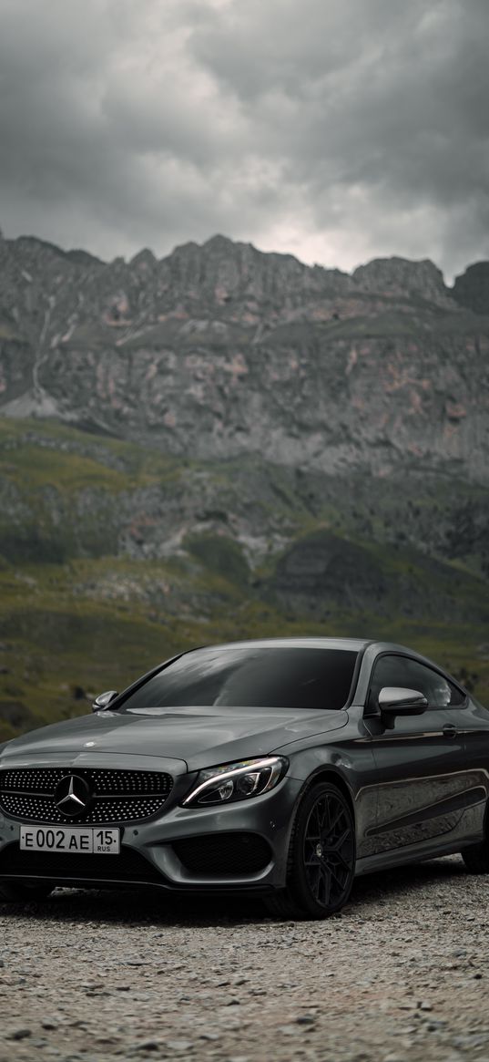 mercedes, car, black, road, mountain, nature