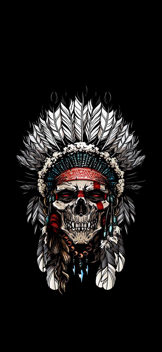 skull, indian, feathers, jewelry, black background, art